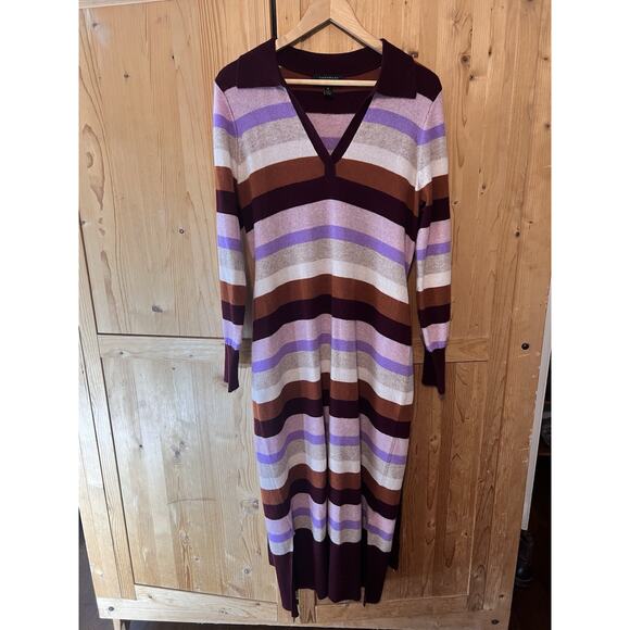 Charter Club 100% Cashmere Sweater Dress M Striped V-Neck Long Sleeve Belt - Picture 2 of 7